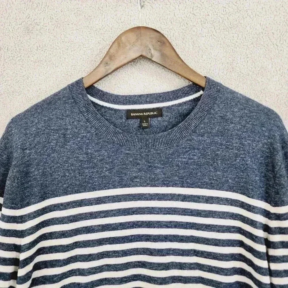 Banana Republic Mens Striped Crewneck Sweater Large Cotton Blue & White 10PT